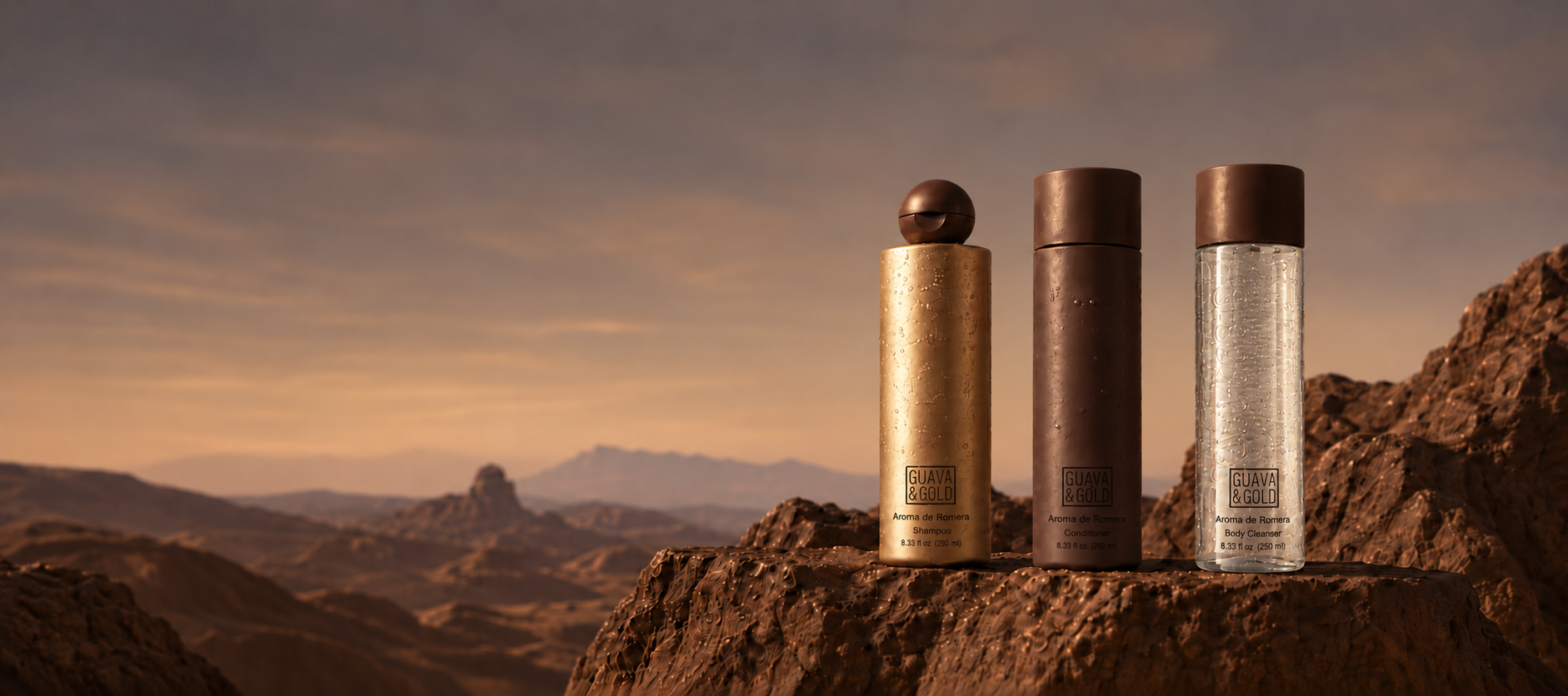 Guava & Gold Aroma de Romera shampoo, conditioner and body cleanser on mountain rocks